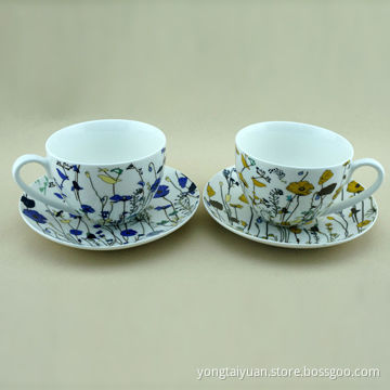 Four Tea/Coffee Cup and Saucer Set for Promotions, in Printed Gift Box, with Blue and Yellow Flower